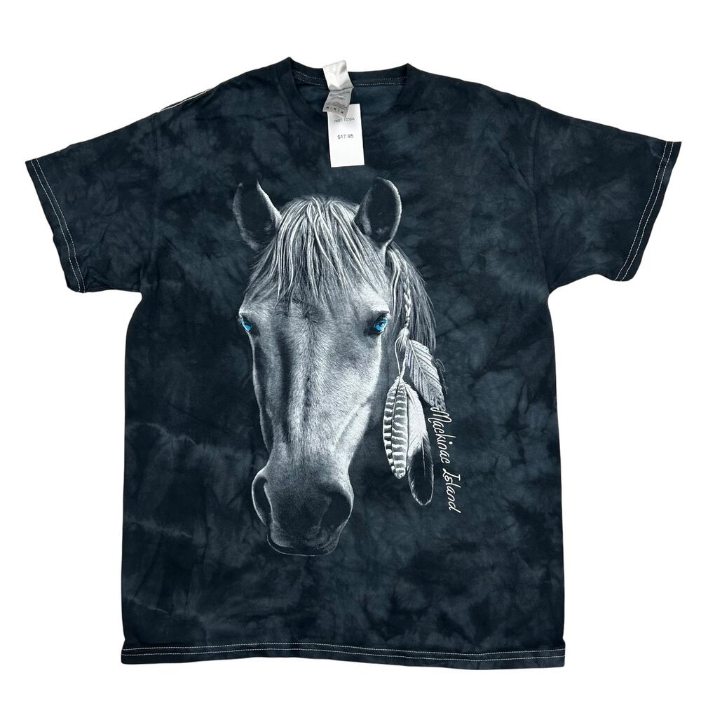 Horse T Shirt Mens Medium Tie Dye Gray Blue Eyes Feathers Mackinac Island